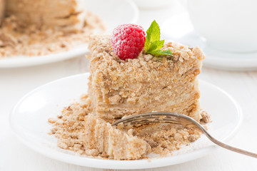 piece of cake with custard decorated with raspberries, close-up