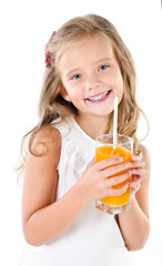 Smiling cute little girl with glass of juice isolated © svetamart