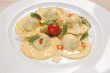 Ravioli with red chily pepper and sweet basil