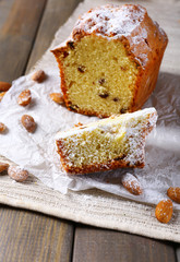 Tasty cake on table close-up