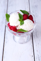 Creamy ice cream with raspberries