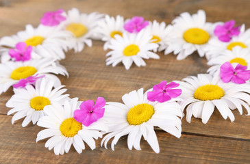 Chamomile wreath on brown wooden background