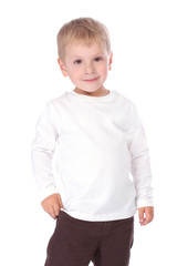 Portrait of small smiling baby in white blouse over white backgr