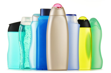 Plastic bottles of body care and beauty products