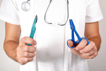 Medical scissors and scalpel