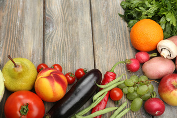 Summer frame with fresh organic vegetables and fruits