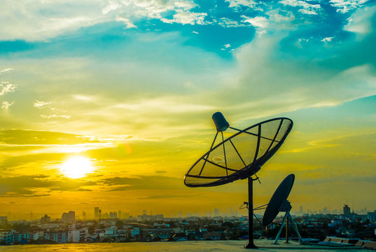 Satelite Dishes With Sunset