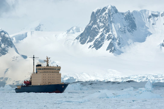 sailing on an icebreaker iced Antarctic Strait spring day
