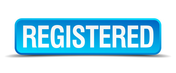 registered blue 3d realistic square isolated button