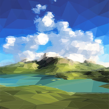 low poly landscape. Mountains, clouds and blue sky.