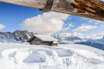 View for wooden house in Dolomite mountain