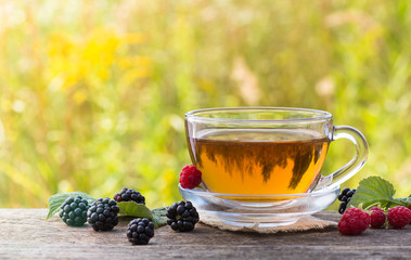 Cup of tea with raspberry and blackberry on meadow background