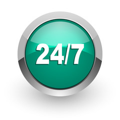 24/7 green glossy web icon