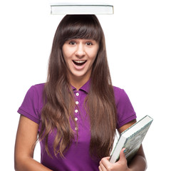 girl with book on head