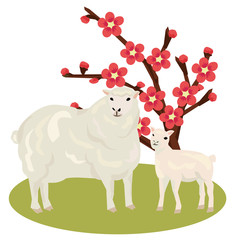 羊の親子と梅