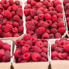 Red raspberries in boxes at local farm market in Poland.