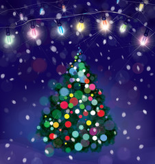 Vector Christmas tree and lights decorations on snowfall backgro