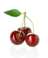 Juicy sweet cherry with leaf isolated on white background
