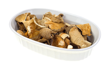 Dehydrated oyster mushrooms in a oval dish