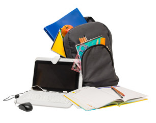 School backpack with school supplies and a tablet computer .