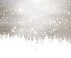 Vector winter snowfall with forest background.