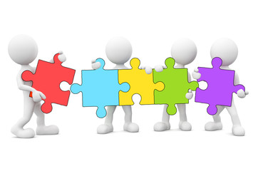 3D Men Carrying and Connecting Colorful Jigsaw