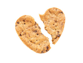 Cracked heart shaped chocolate chip cookie isolated