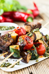 Grilled  vegetables and beef shishkabobs