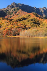 秋の戸隠高原　紅葉の鏡池と戸隠山