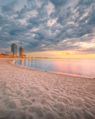 Barceloneta Beach in Barcelona at sunrise