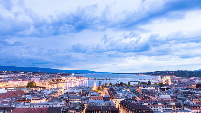 Panoramic night view of the city of Geneva, Lake Geneva