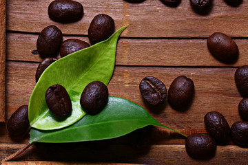 wooden background coffee grains