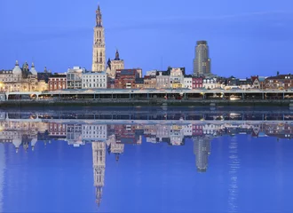 Washable wall murals Antwerp Antwerpen skyline reflecting in river