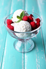 Creamy ice cream with raspberries
