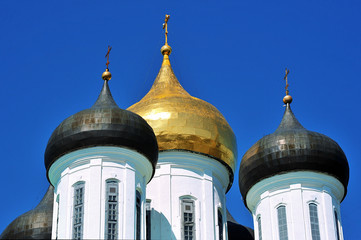 domes with crosses Orthodox Kremlin in Pskov, Russia