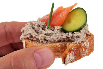 Tartine de rillettes de saumon avec concombre et ciboulette