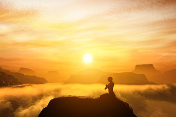 Woman meditating in yoga position on the top of mountains