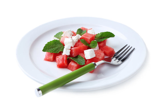 Salad with watermelon, feta and mint leaves