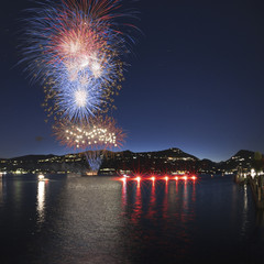 Fireworks on the lakefront of Ranco and Meina, Italy