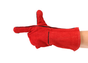 Heavy-duty red glove on hand as gun.