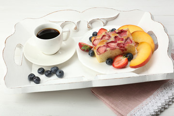 Delicious breakfast with coffee and tasty pie