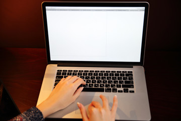 Closeup image of female hands using laptop