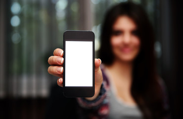 Closeup portrait of a woman showing smartphone screen