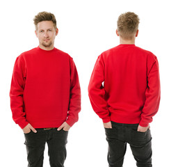 Man posing with blank red sweatshirt