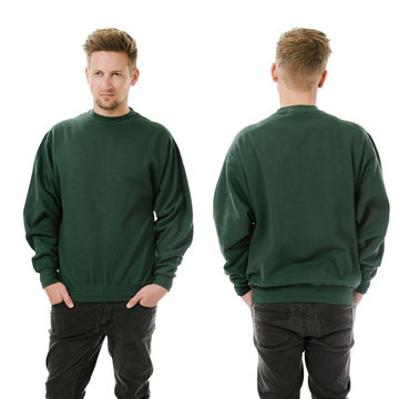 Man posing with blank green sweatshirt