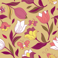 Floral pattern with butterflies and tulips.