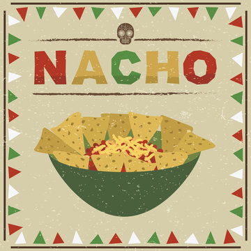 Mexican food nachos cheese poster vector clipart in red green white frame