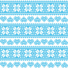 Winter, Christmas seamless pixelated blue pattern with hearts