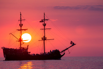 Boat on the sea at sunset in Baltic Sea, Poland.