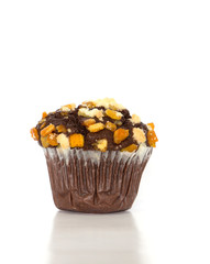 Choco orange crumble muffin on white background